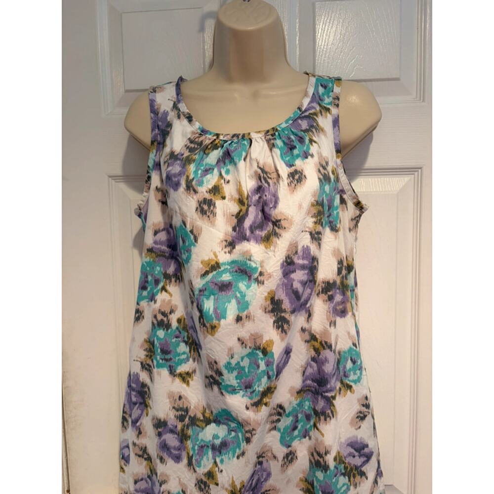 Lands End Womens Floral Sleeveless Shift Dress Purple Teal Cotton Pockets Size 6